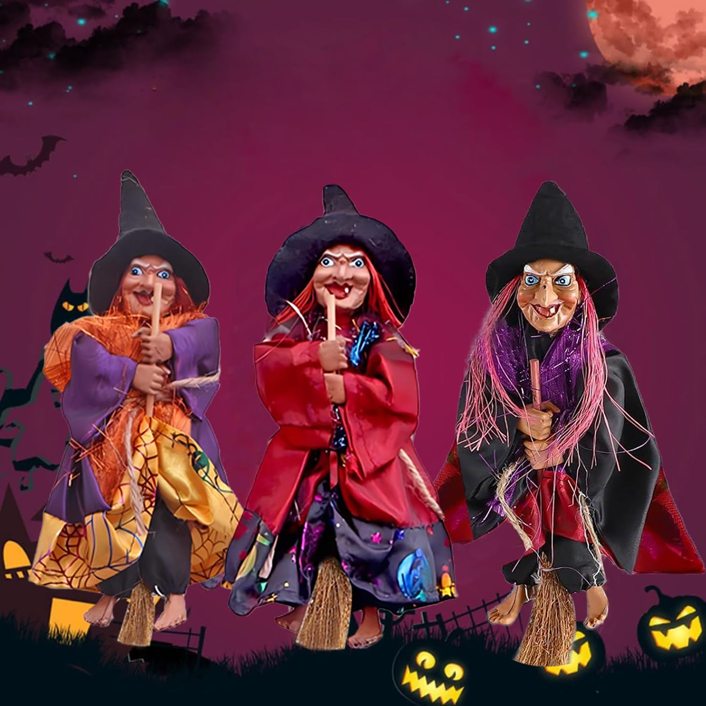 Gawertoy Halloween Witch Ornaments 3 PCS, 8" Flying Witch Figures on Broomsticks, Haunted House Hanging Props