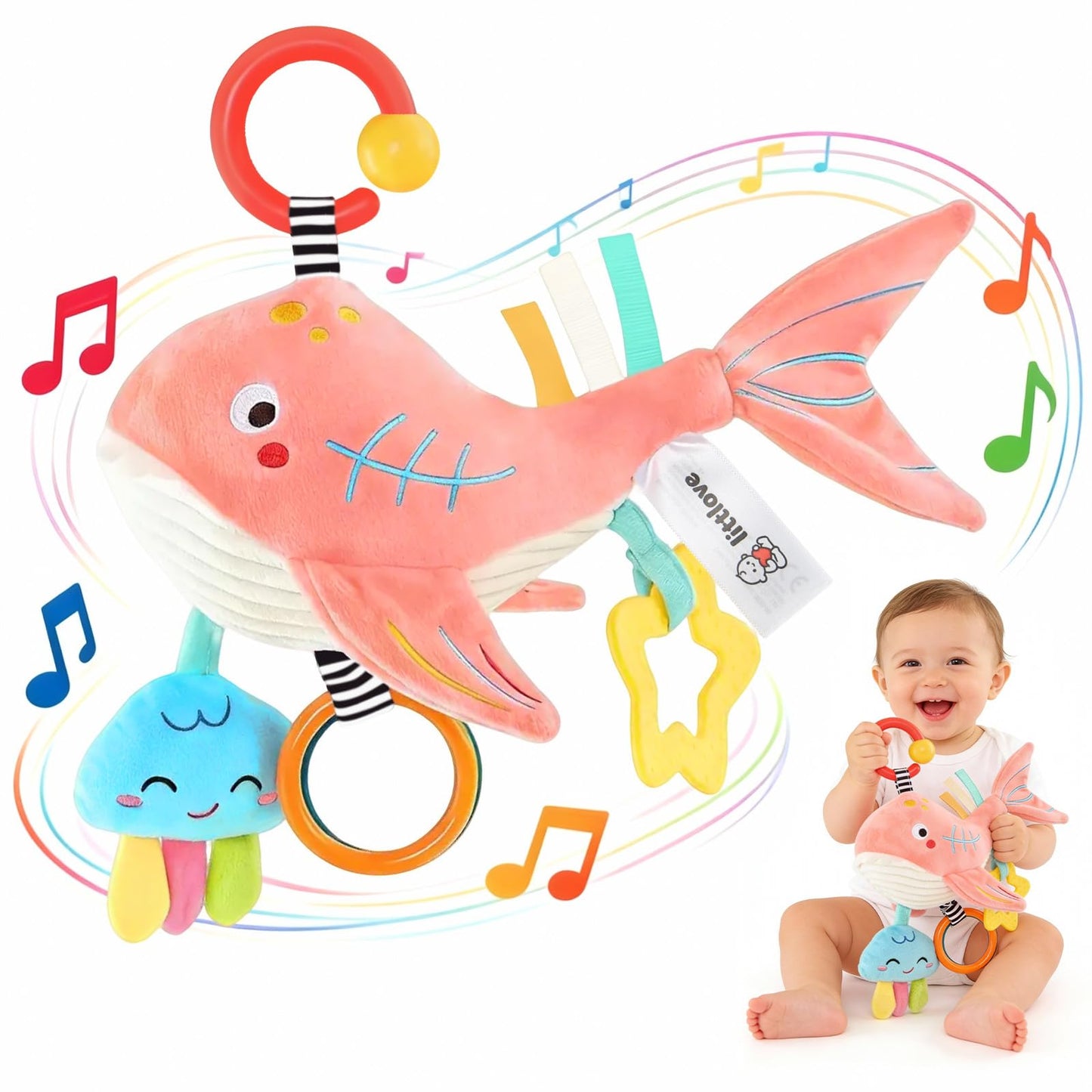 Pull Musical Toys for Car Seat 6-12 Months, Travel Sensory Toy 3-6 Months, Montessori Plush Toys for Roadtrip with Teether Crinkle Textures Clackers Squeaky Pulling Cords Newborn Infant Valentine Gift