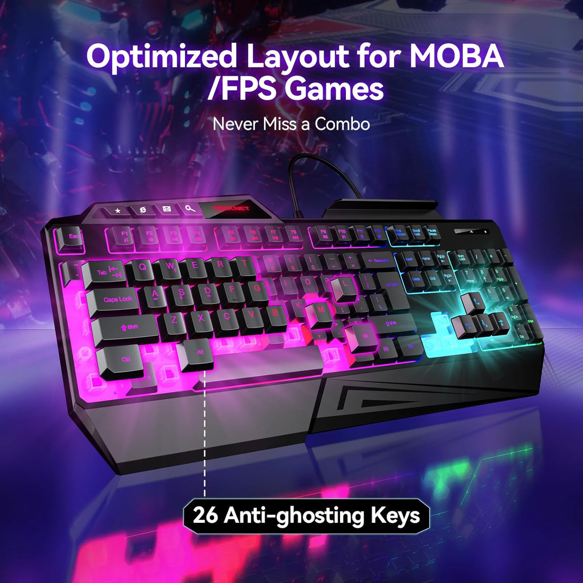 TECKNET Wired RGB Gaming Keyboard - 26-Key Anti-Ghosting, 13 Lighting Modes, Spill-Resistant, 108 Membrane Keys, Plug & Play - with Ergonomic Wrist Rest & Phone Holder for Windows/Mac (Black)