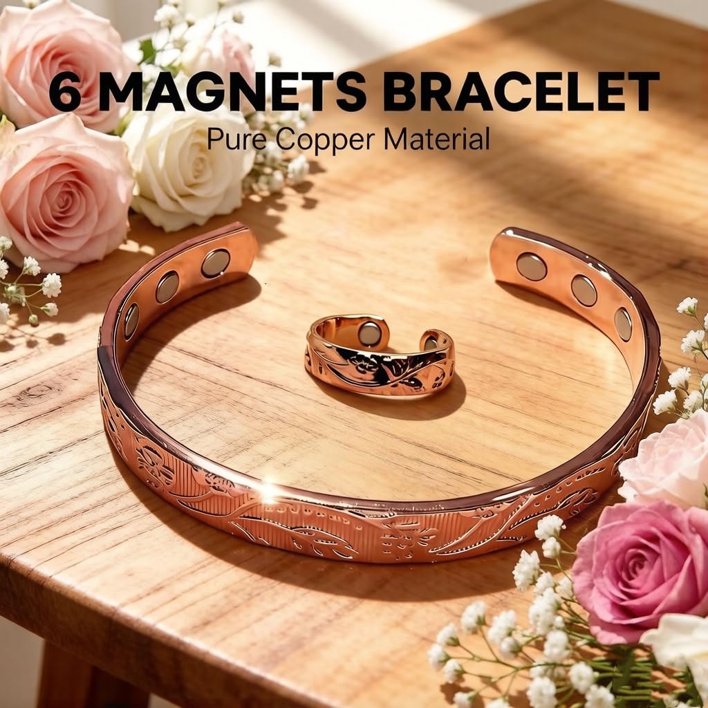 LONGRN-Pure Copper Magnetic Bracelet & Ring Adjustable Size for Women