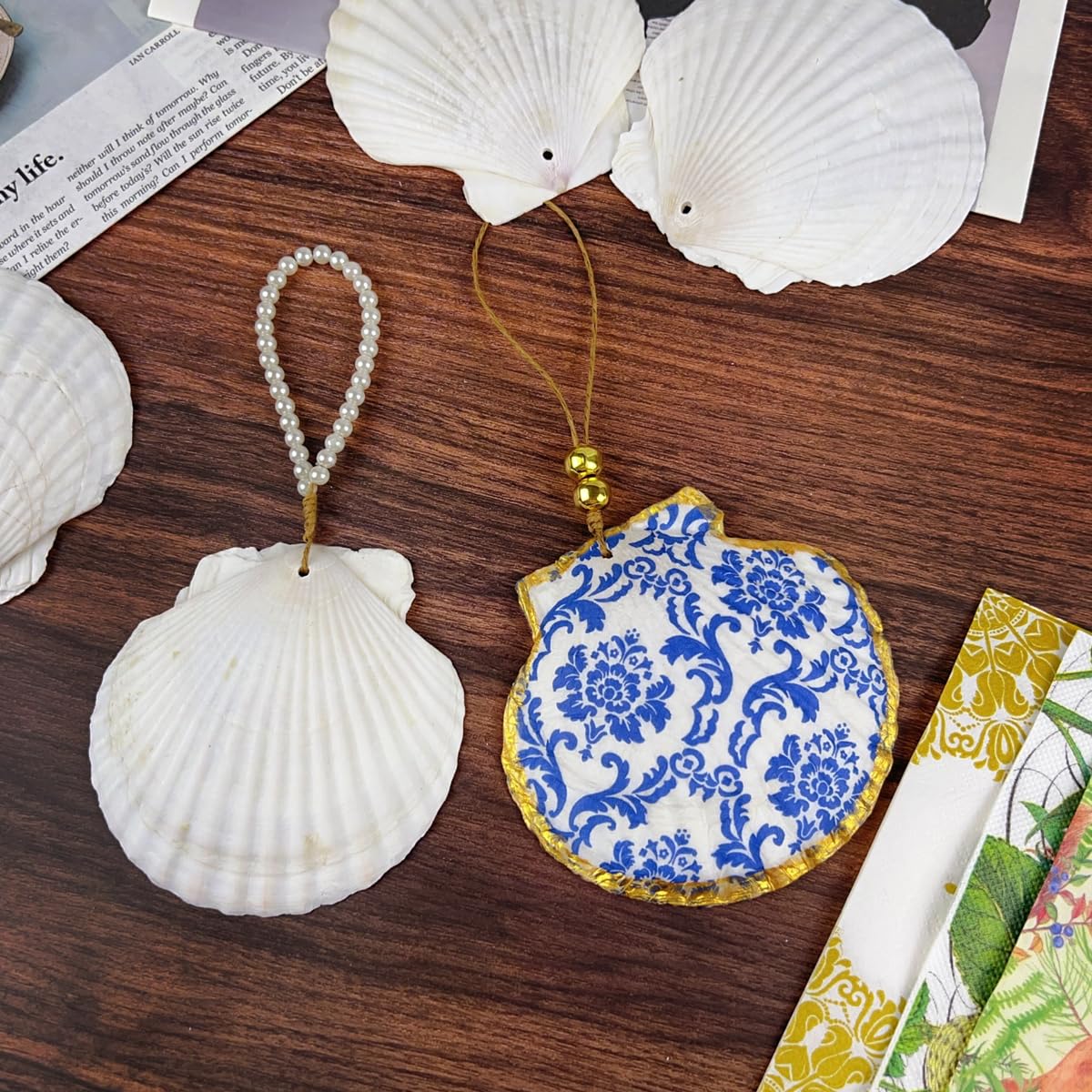 10PCS Large Scallop Shells for Crafts 4"-5" Natural White Shells with Rope,20PCS Decoupage Paper Napkins,Brushes,Gold & Silver Paint,Gold Bead & Pearl for Beach Seashells DIY Hanging Home Party Decor