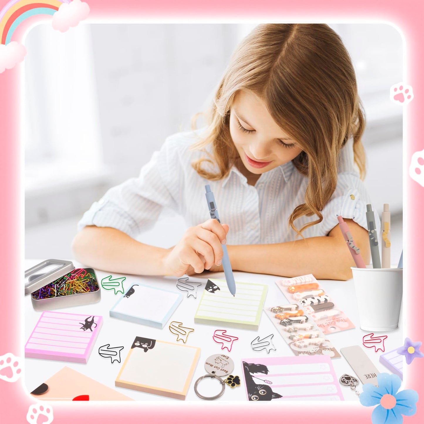 76 Pcs Cat Lover Gifts for Women - Cute Office Sticky Notes Supplies, Cat-themed Pens Stationery Set, Post Notepads Desk Accessories, Small Girls Funny Stuff, Mini Cat Clips Decor, Unique School Items