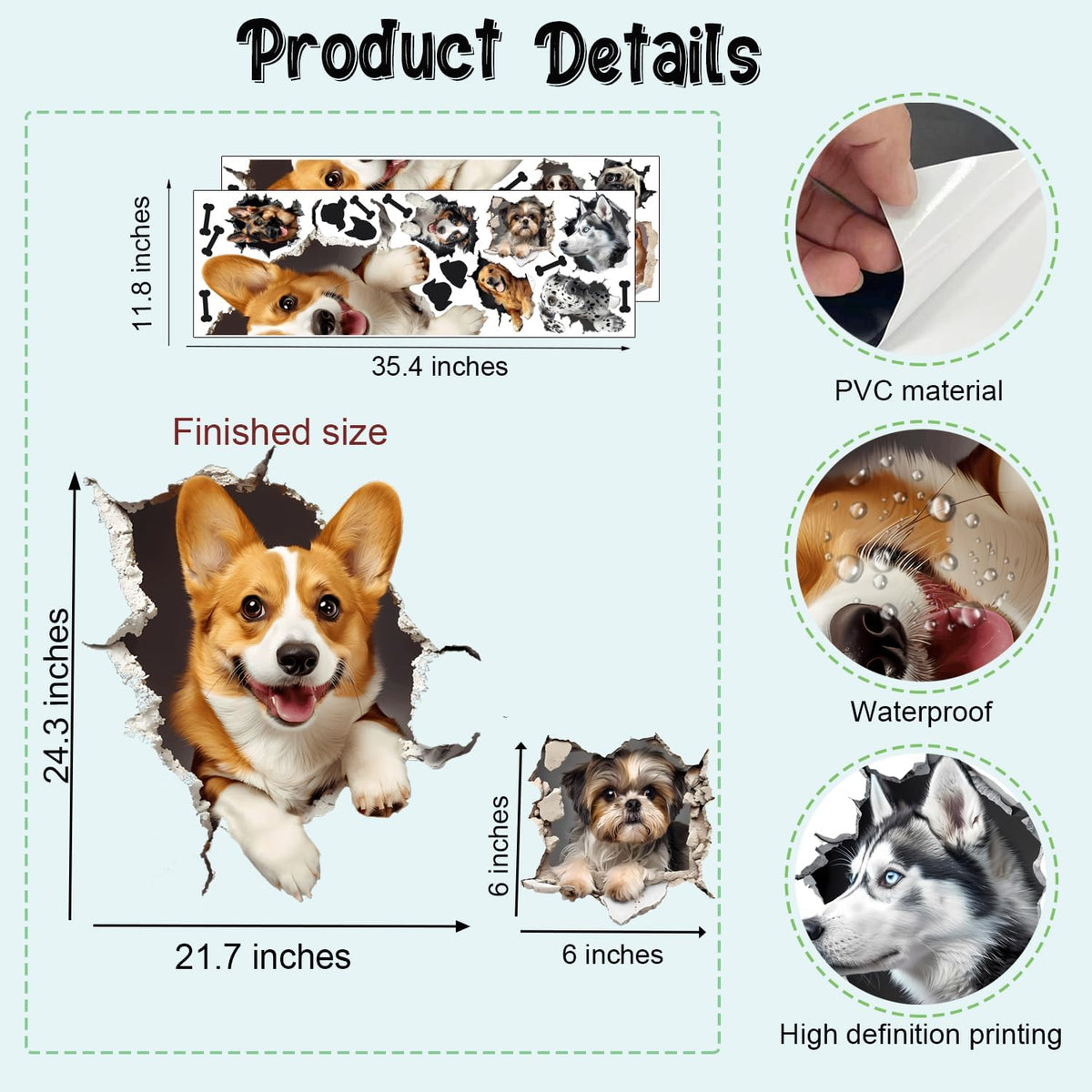Large 3D Dogs Wall Stickers,Lovely Pet Dog with Bone Vinyl Wall Decals, Removable Dog Crack Hole Wall Art for Dogs Lover Bedroom Playroom Pet Shop Decor