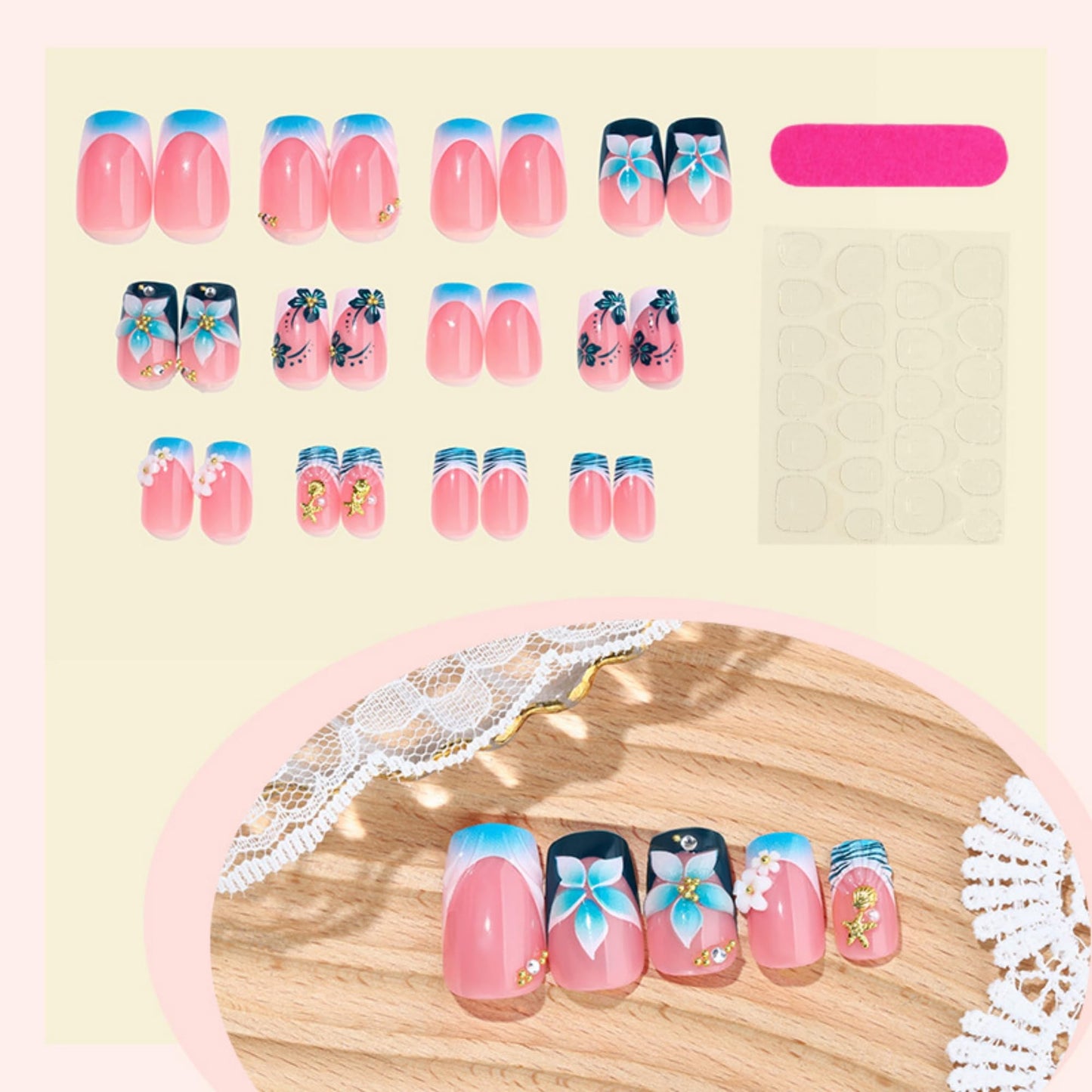 Square Press on Nails Medium Fake Nails Blue Artificial Nail French Flowers with Gold Charm Designs Stick on Nail for Women 24pcs