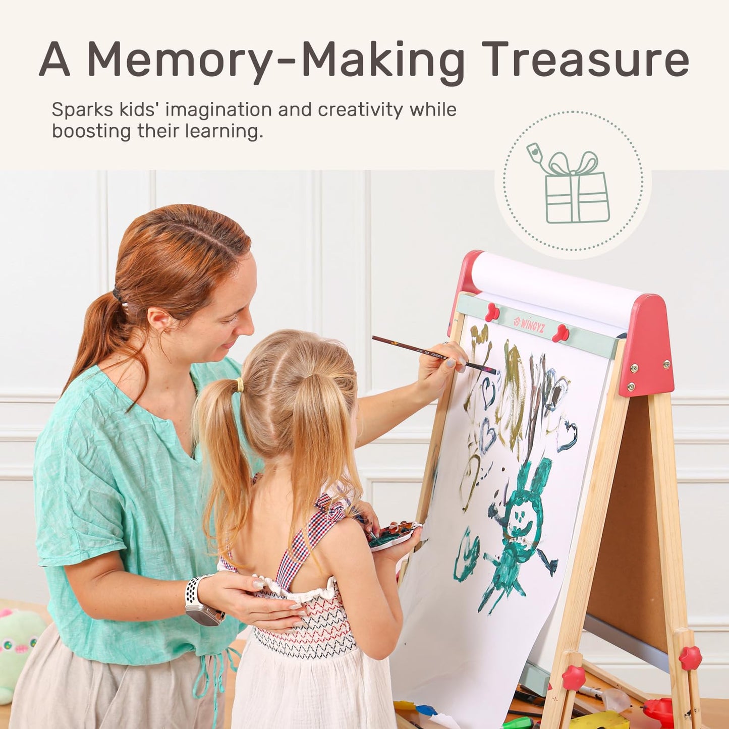 WINGYZ 3-in-1 Art Easel for Kids – Sturdy Pine Wood Easel with Magnetic Whiteboard, Chalkboard & 400" Paper Roll, Foldable Adjustable Heights for Ages 2-12, Complete Tool-Free Art Station