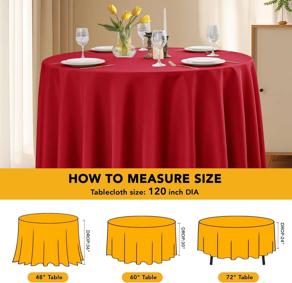 6-Pack Red Round Tablecloths, 120 Inches, Stain-Resistant Polyester for 5-6 Ft Round Tables - Washable Table Covers for Weddings, Banquets, Birthday Parties, Events