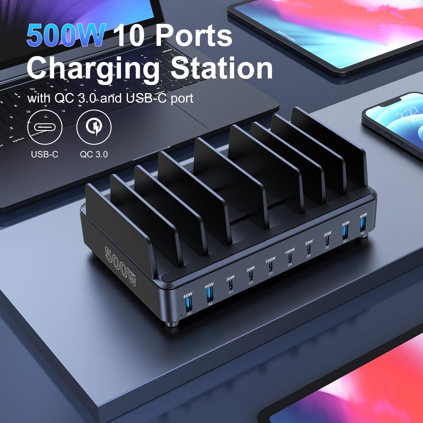 chipofy 500W Charging Station for Multiple Devices, 10-Port Multi USB C Fast Charger Station with Organizer Stand for MacBook Laptop, iPad, iPhone 17 16 Pro Max, Galaxy S25/S24 and More