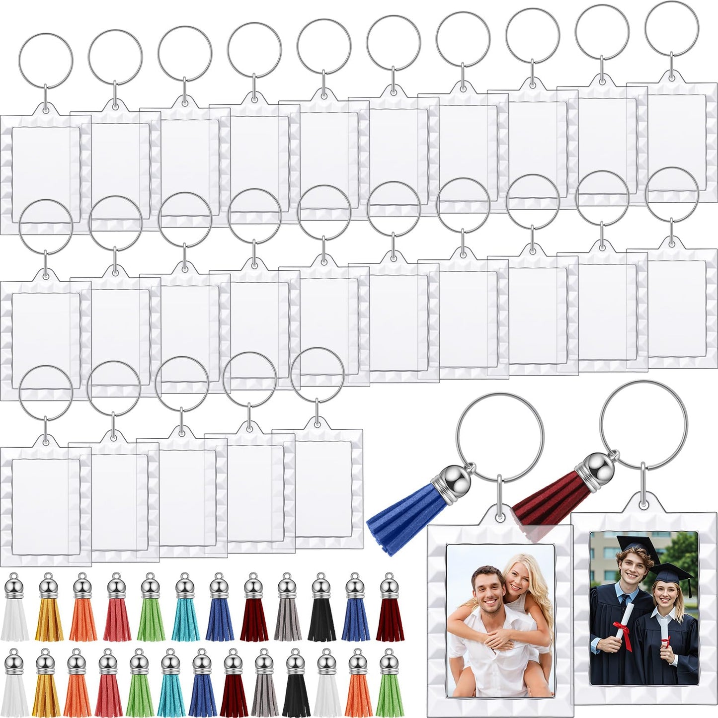 Yaomiao 25 Set Acrylic Photo Keychain with Tassel Clear Blank Custom Keychain Frame Holder Insert Picture Keyring Making Kit (Wavy Rectangle)