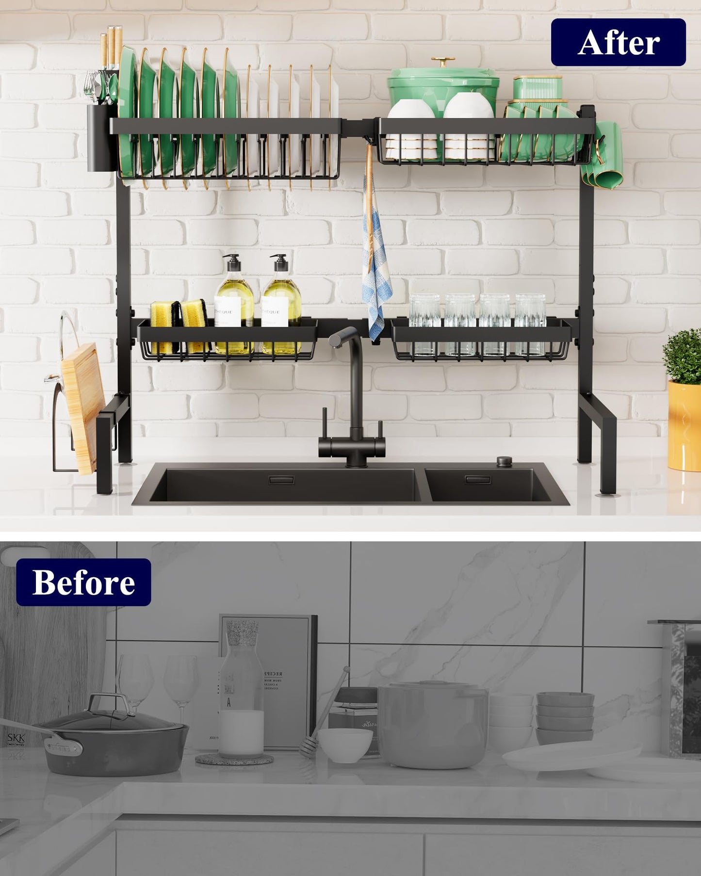 Kitsure Over The Sink Dish Drying Rack - 30.0" to 33.9" x 21.5", Adjustable Sink Drying Rack for Kitchen Sink with Multifunctional Baskets, Black