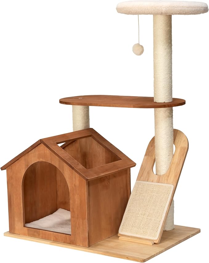 Kitty City Triple Perch Wooden Cat Tower with Scratching Posts & Hanging Toys, Modern Multi-Level Indoor Cat Furniture with Sherpa Beds