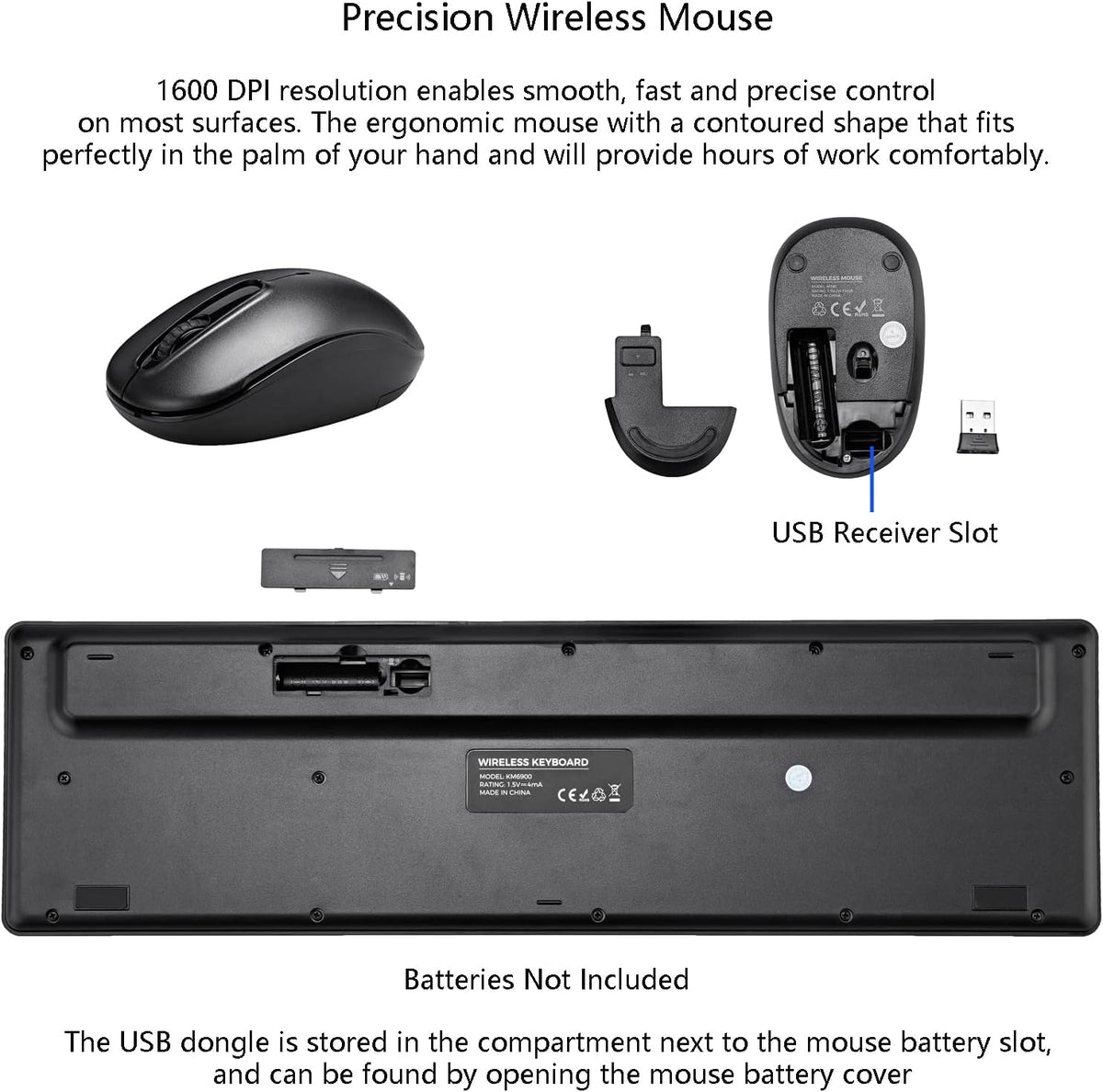 Wireless Keyboard and Mouse Combo, 2.4G Silent Cordless Keyboard Mouse Combo for Windows Chrome Laptop Computer PC Desktop, 106 Keys Full Size with Number Pad, 1600 DPI Optical Mouse (Black)