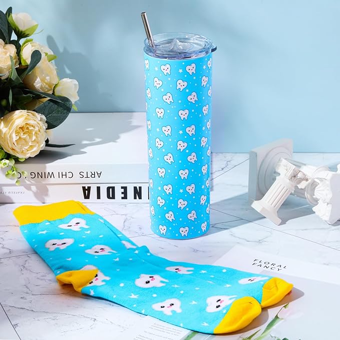 Umigy 2 Pcs Dental Assistant Gifts 2025 Dental Hygienist Appreciation Gifts 20 oz Teeth Print Tumbler with Lid and Sock for Women for Nurse Week Appreciation Dentist Christmas Birthday(Blue)