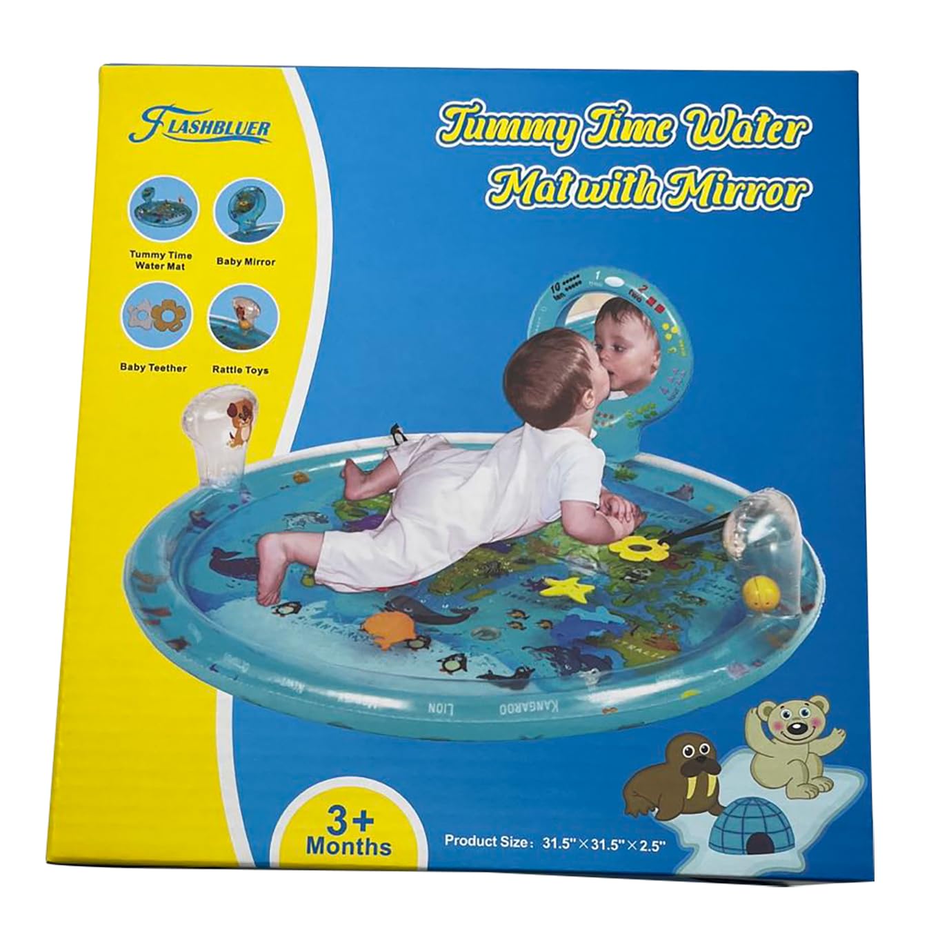 Tummy Time Mat Extra Large 31.5"×31.5" for 3-12 Months Baby, Inflatable Water Playmat with Mirror, Teethers, Rattles & Squeaker, Sensory Activity Center for Motor Development, Visual Stimulation