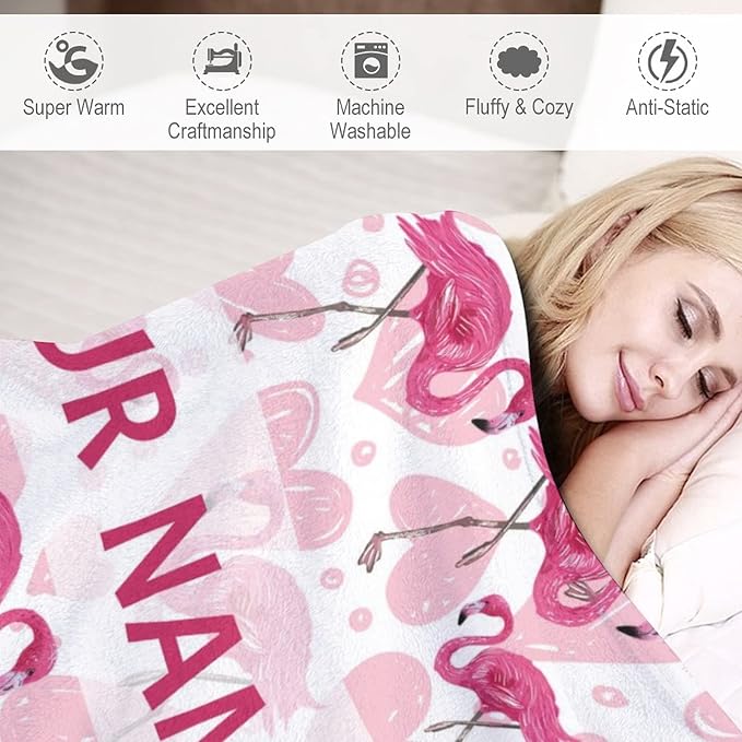 Custom Flamingo Blanket Gifts with Name - 60 x 80 Inches Cute Flamingo Throw for Adults - Light Pink Soft Fuzzy Plush Blankets for Bed