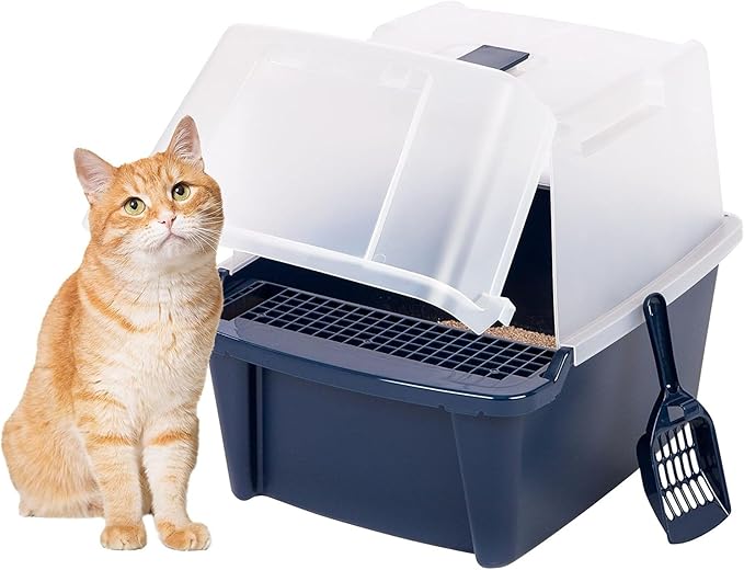 IRIS USA Large Front Door Cat Litter Box, Walk-in Entry, Navy