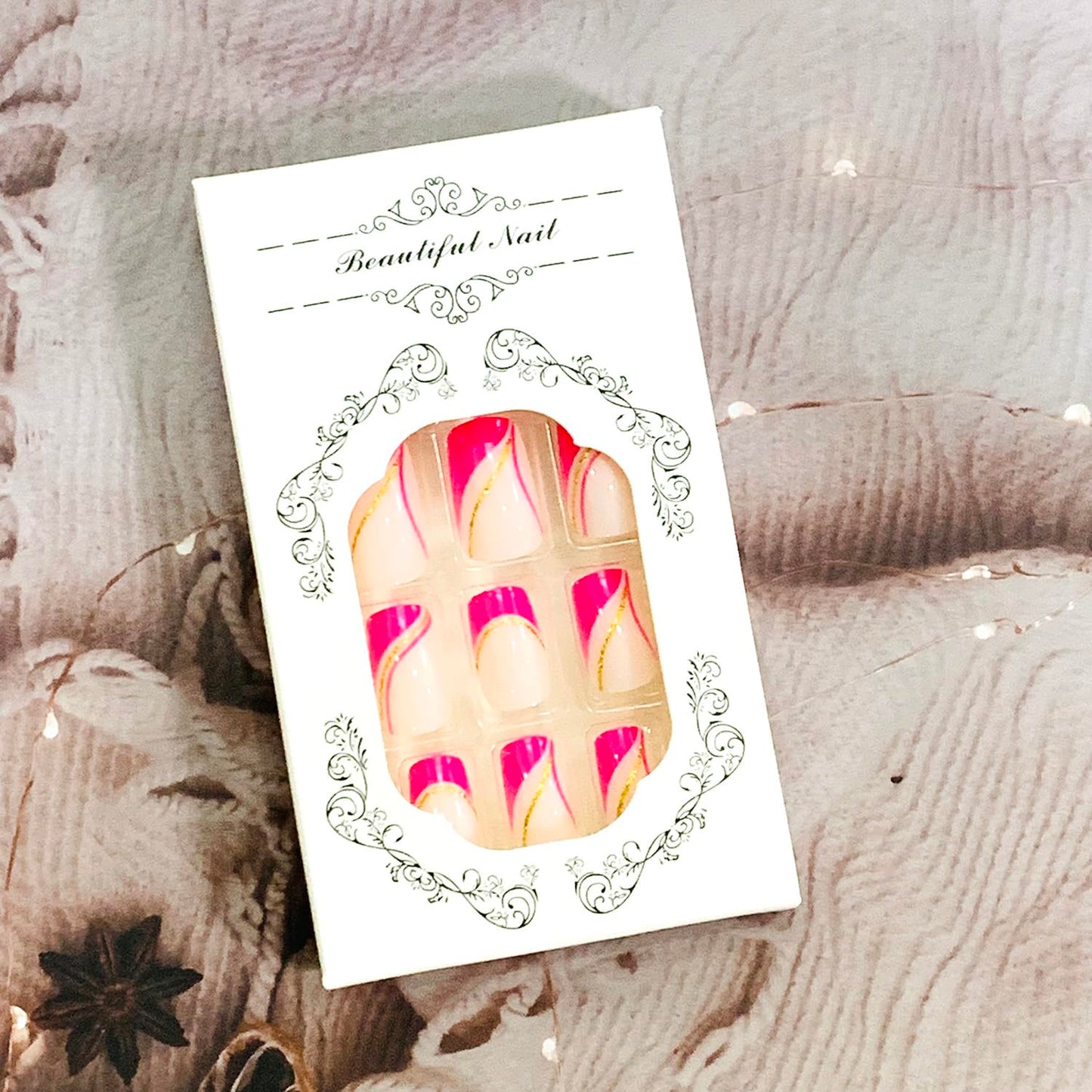 Vezocim Pink French Tips Press on Nails Square Shapes 24Pcs Glossy Full Cover Medium Acrylic Square False Nails with Gold Line Designs Artificial Coffin Fake Nails Glue Stick ons Fingernails for Women