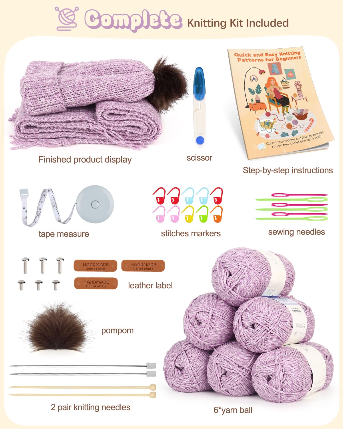 Katech Knitting Kit for Beginners Adults-Beginners Knitting Kit for Adults-Learn to Knit Kits for Adult Beginner Kids w/Step-by-Step Instruction-Complete Hat Scarf Gloves Knitting Starter Kit