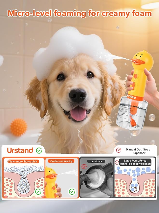 Urstand Dog Foaming Soap Dispenser, Automatic Electric Dog Shampoo Foamer Sprayer, Rechargeable Ducky Foaming Dog Shampoo Sprayer for Dog and Cat Bathing, Bathroom, Kitchen, Pet Cleaning
