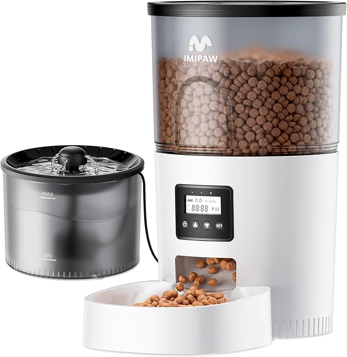 IMIPAW Automatic Cat Feeder 5G WiFi and Water Dispenser, Timed Dry Food Dispenser APP Remote Control, Programmable Portions, with Desiccant, Cat Fountains for Drinking with Filter, Small Pets (Combo)