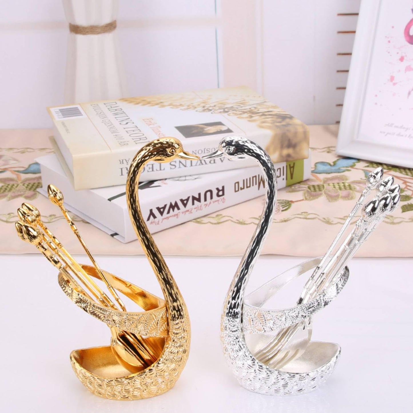 Gold Coffee Spoon for Coffee Bar, 6pcs 5in Long Coffee Stir Spoon Crown Handle Dessert Spoons Tea Spoons Espresso Spoons with Decorative Swan Base Holder (Gold)