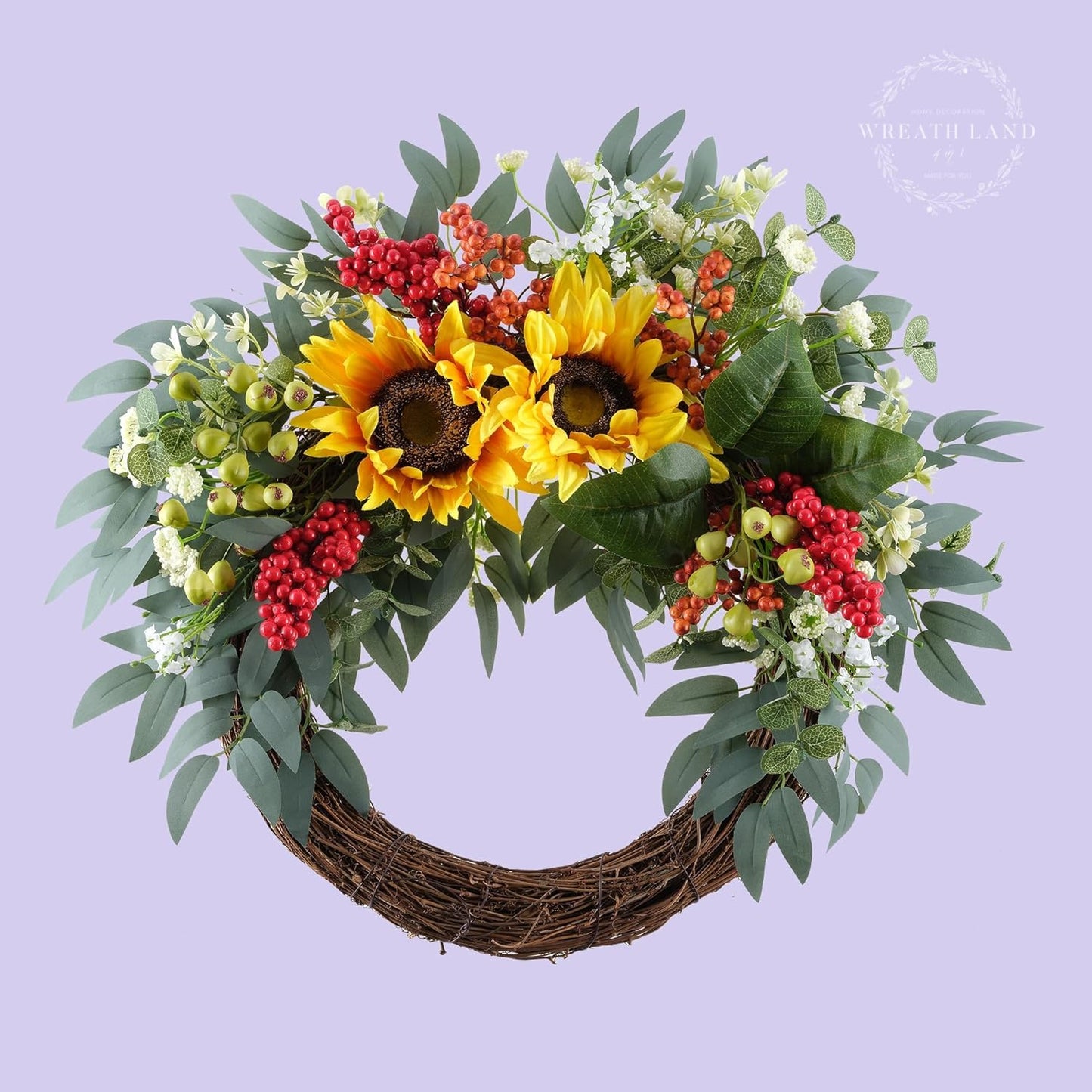 All-Season Interchangeable Grapevine Wreath - DIY Kit with Faux Silk Flowers, Leaves and Berries - Front Door Decor for Spring, Summer, Fall and Winter