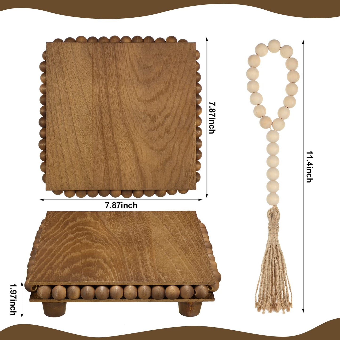 Kathfly Wood Riser and Wood Bead Garland Set Wooden Trivets Farmhouse Beaded Riser for Display Square Brown Wooden Trivets Decorative for Coffee Bar, Bathroom, Kitchen Island