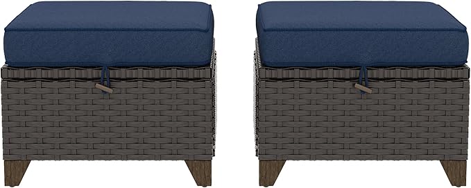 2 Pieces Patio Outdoor Ottomans with Removable and Washable Covers,PE Rattan Wicker Footstools for Porch, Garden, Sunroom (Navy Blue)