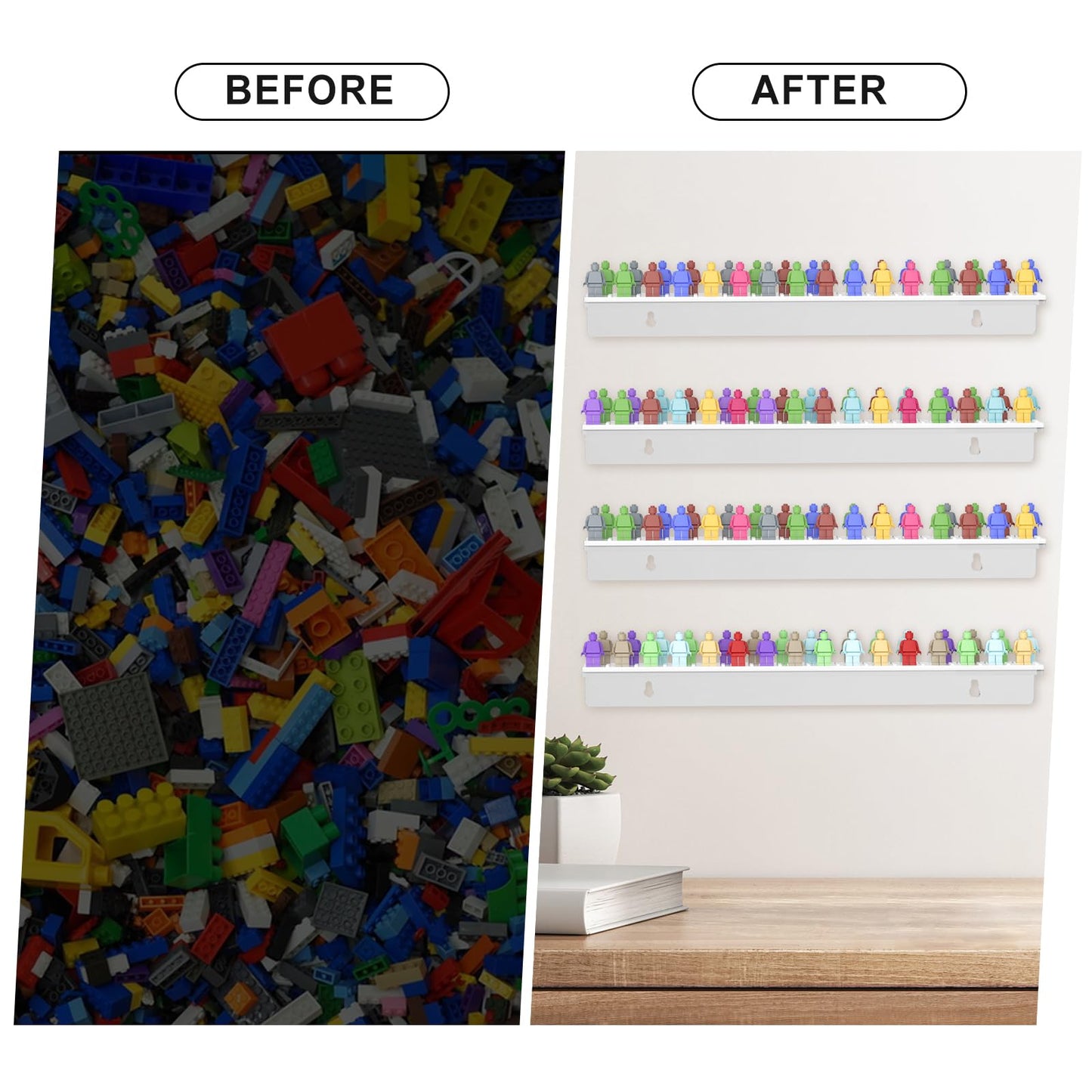 ACRYDECOR 4Pack Acrylic Minifigure Display Case Holds Up to 96 Figures, Wall Mount Acrylic Floating Shelf Display With Brick Building Baseplates