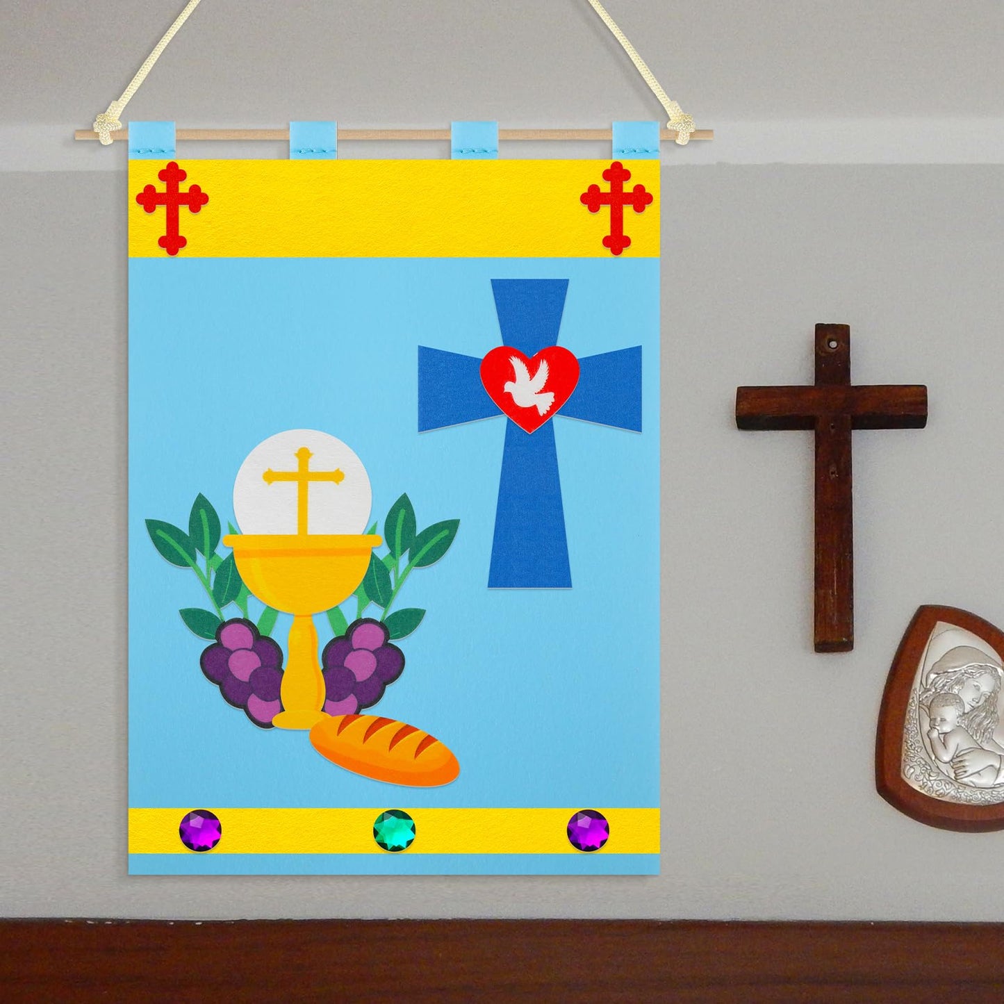 SmoothNovelty 48 Set First Communion Banner Kit Holy 1st Communion Banner Craft Felt First Eucharist Decorations Church School Catholic Crafts Bulk for Kids DIY Craft Pew Decor Supplies