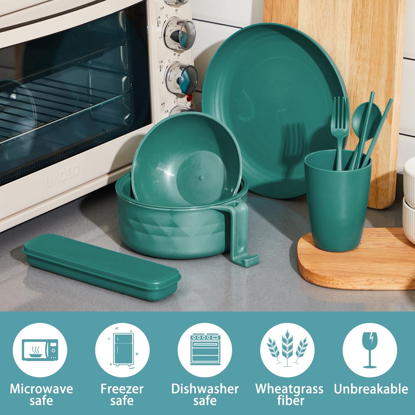 Romooa 6 Pcs Microwave Ramen Cooker Set Microwavable Wheat Straw Dinnerware Sets with 40oz Ramen Bowl, Plates, Cups and Cutlery Box, Dishwasher Safe Camping College Dorm (Dark Green)