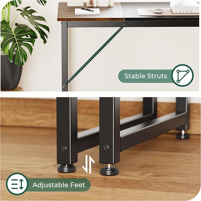 Huuger Computer Desk, 70 Inch Office Desk, Gaming Desk with Storage, Writing Desk Work Desk for Home Office, Study, Long Simple Desk, Large Legroom, Metal Frame, Rustic Brown and Black