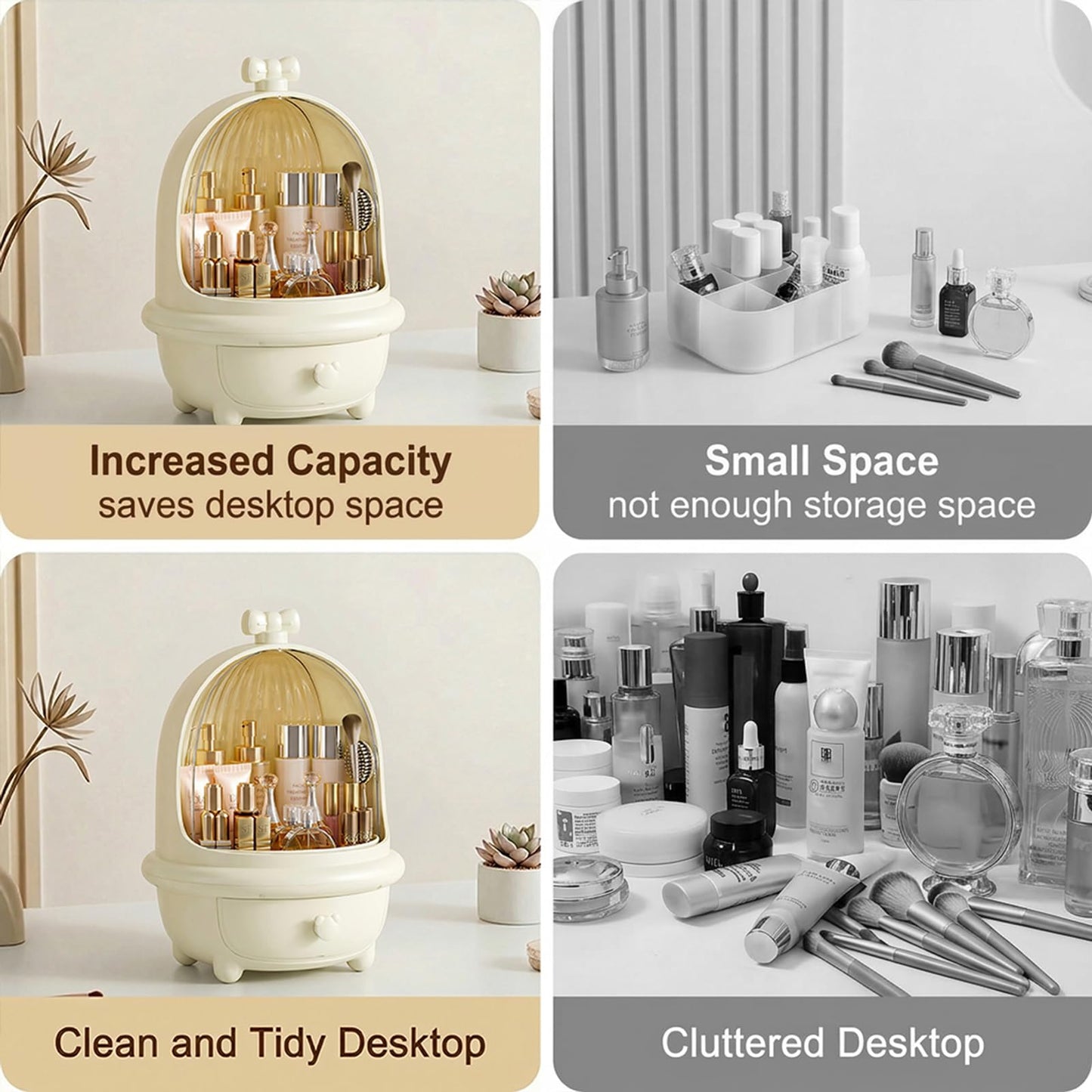 TIMBERHIDE 360° Rotating Cosmetic Storage Box,Cute Fashion Makeup Organizer with Drawer,Dustproof Skincare Display Case for Vanity Countertop Bathroom,Ideal Gift for Women(Cream)