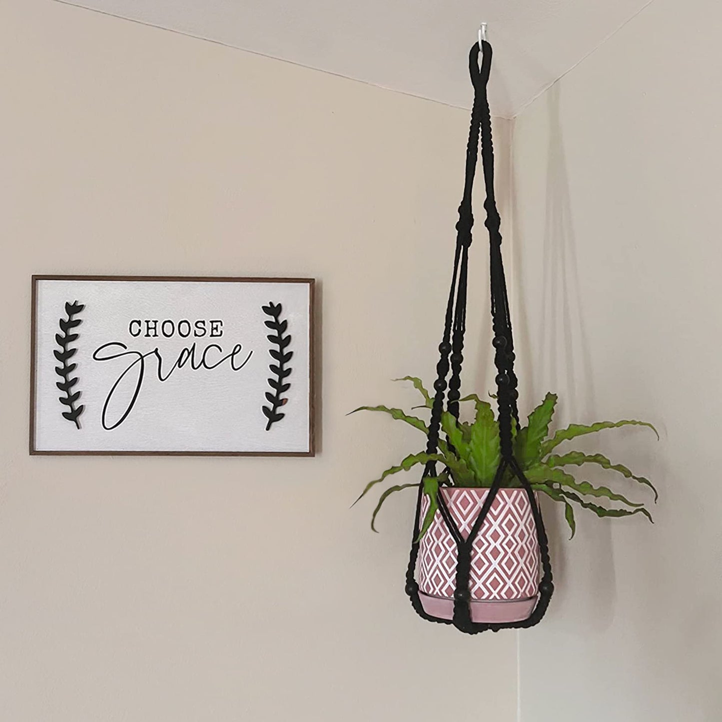 Mkono Macrame Plant Hanger Indoor Hanging Planter Basket and Ceiling Hooks, Wood Beads Decorative Flower Pot Holder for Indoor Outdoor Boho Home Decor, Black,Set of 2