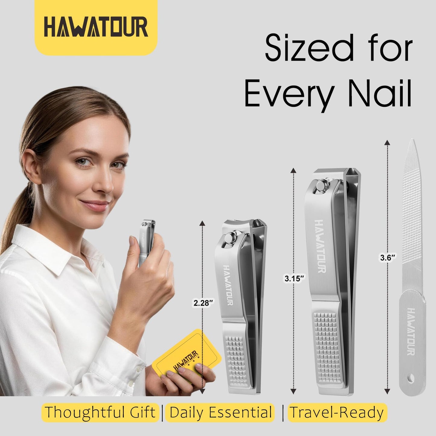 HAWATOUR Nail Clippers 3-Piece Kit, Ultra Sharp Fingernail Toenail Cutters with Separate Nail File, Compact Tin Case, Silver