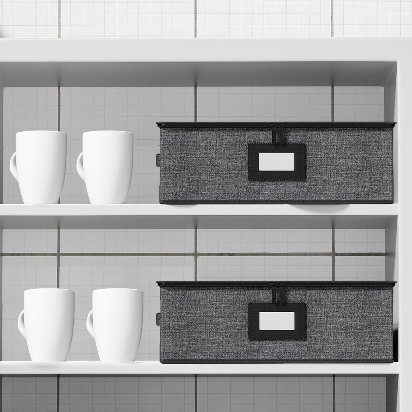 Aokeyee 2-Pack Cup & Mug Storage Box with Dividers, Hard Shell Organizer with Lid, Handles, Zippers & Label Slot, Holds 24 Mugs, Teacups & Glasses, Stackable Containerfor Moving & Protection, Grey