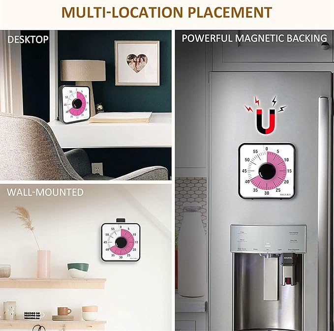 Secura 60-Minute Visual Countdown Timer, 7.5-Inch Oversize Classroom Visual Timer for Kids and Adults, Durable Mechanical Kitchen Timer Clock with Magnetic Backing (Peony Color)