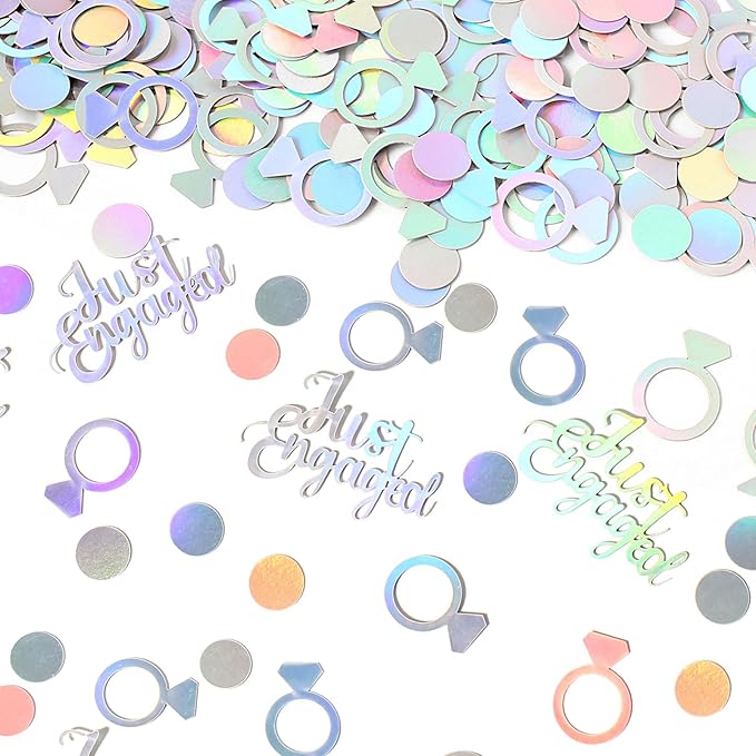 230PC Just Engaged Confetti for Engagement Party Decorations, Wedding Tables, Ring Scatters - Iridescent Themed Bridal Shower, Bachelorette, Hen Party Decor