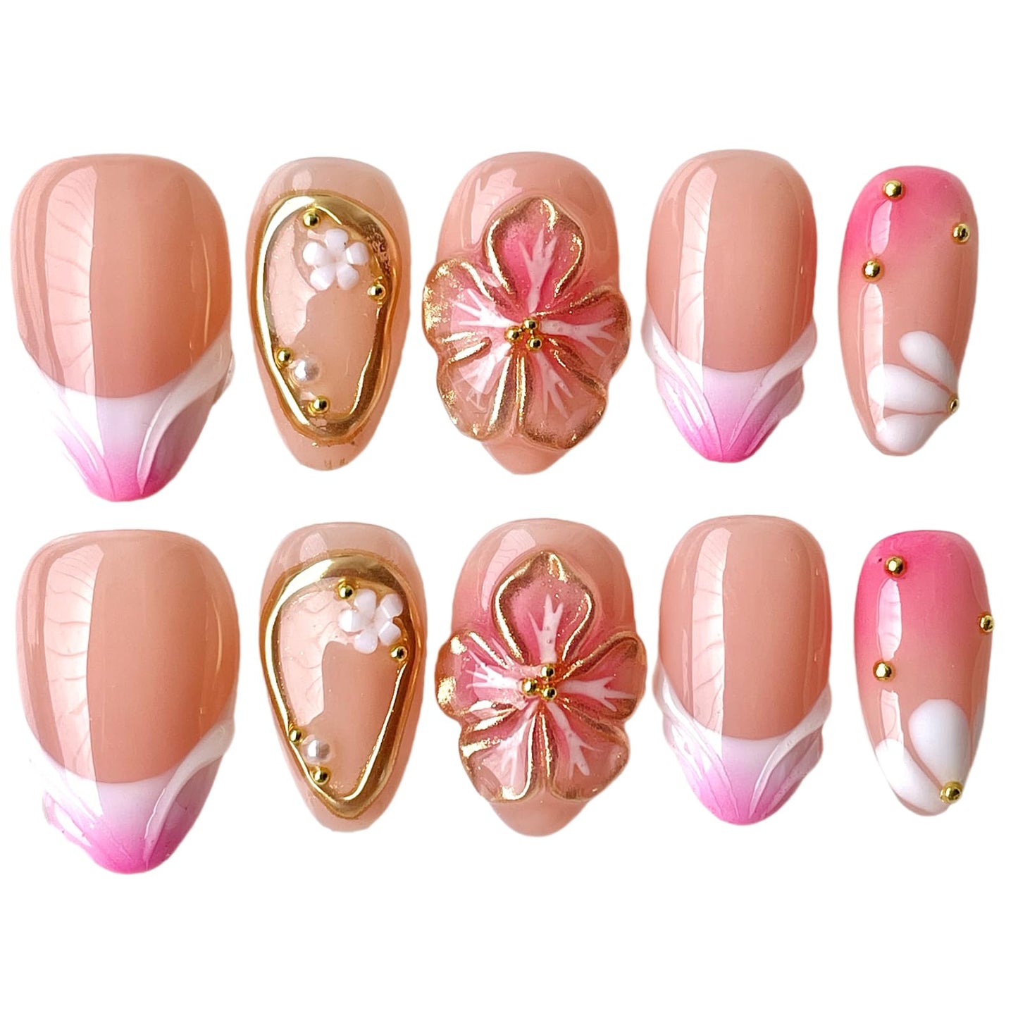 Handmade Press on Nails -3D Floral Pink Acrylic False Nails with Gold Lines and Pearls, Short Almond Shape, Reusable Glue-On Nail Art for Daily Use (Luminous, S)