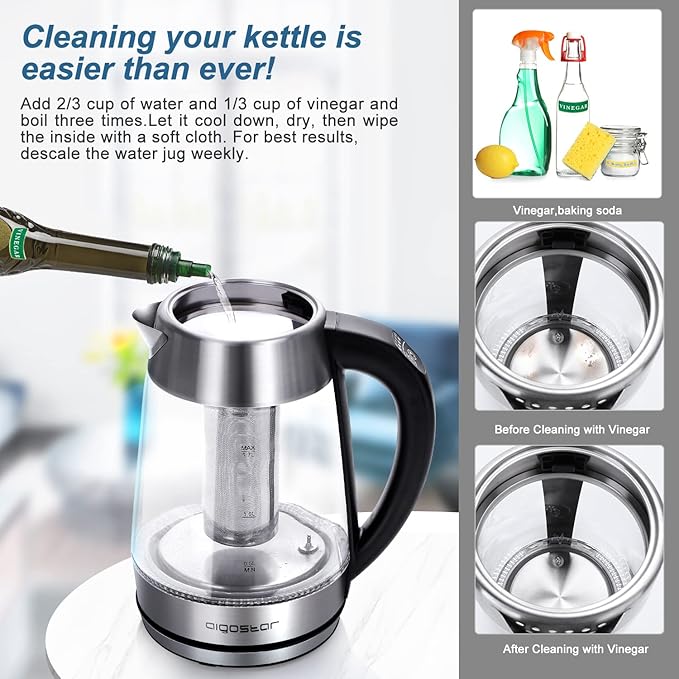 Aigostar Electric Kettle, Tea Kettle with Temperature Control and Tea Infuser, 1500W Hot Water Kettle with Variable Temperature, Keep Warm Function, LED Indicator Light Change, Auto Shut-Off, 1.7L