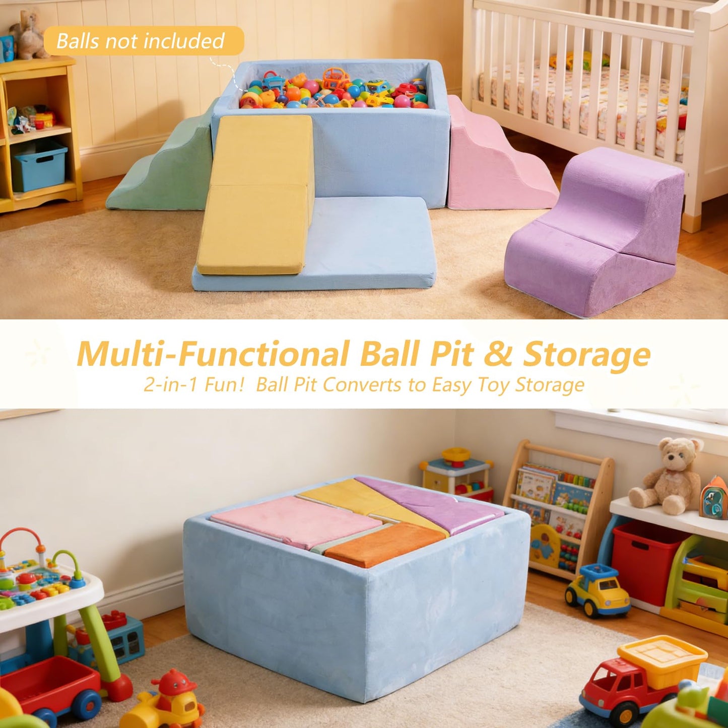 STAOLENE Climbing Toys for Toddlers, 7-Piece Foam Climbing Blocks with Ball Pit, Indoor Soft Play Set for Baby & Toddlers to Crawl, Climb, Motor Skills Development (Balls Not Included)