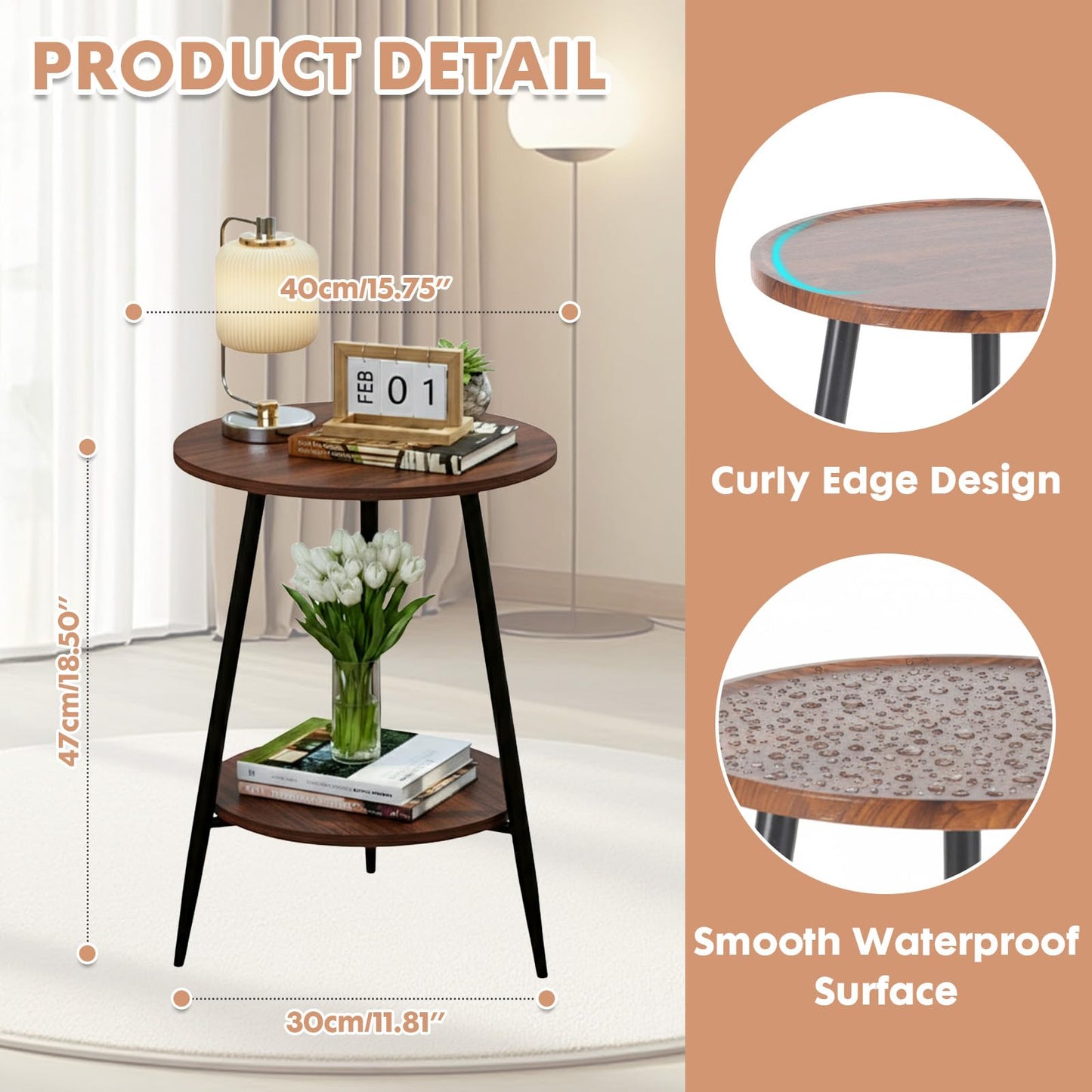 ShellKingdom Small Round Side Table, 2 Tier Wood End Table for Indoor Outdoor Bedroom Living Room Home Office Nightstand with Metal Frame (Walnut)