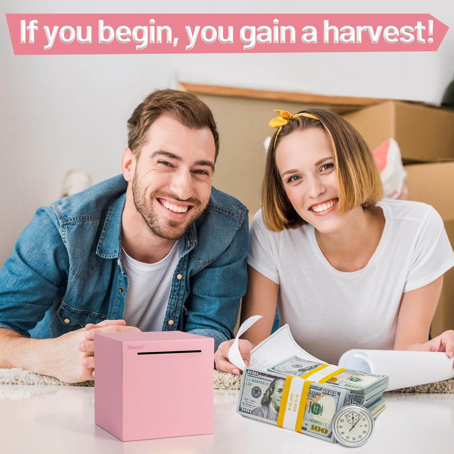 Hicocool Piggy Bank for Adults Must Break to Open, Unbreakable Stainless Steel Money Saving Box (Pink, Palm Size)
