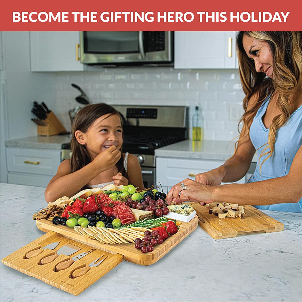 Home Euphoria Large Bamboo Charcuterie Board and Knife Set - Cheese Board with Bowls, Beautiful Gift for Mom