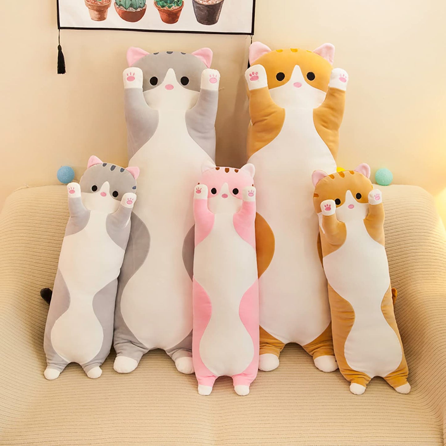 Handytoolinc Soft Cat Plush Pillow Long Stuffed Animals Sleeping Pillow Cotton Kitten Pillow Cute Long Body Pillow Gift for Kids Girlfriend (35.4inch/90cm,Pink)
