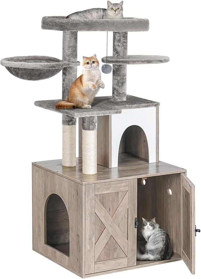 Snughome Cat Litter Box Enclosure with Cat Tree Tower and Condo, Hidden Washroom Furniture with Sisal Scratching Post and Soft Plush Perch, Wooden Cat Furniture with Multiple Platforms, White