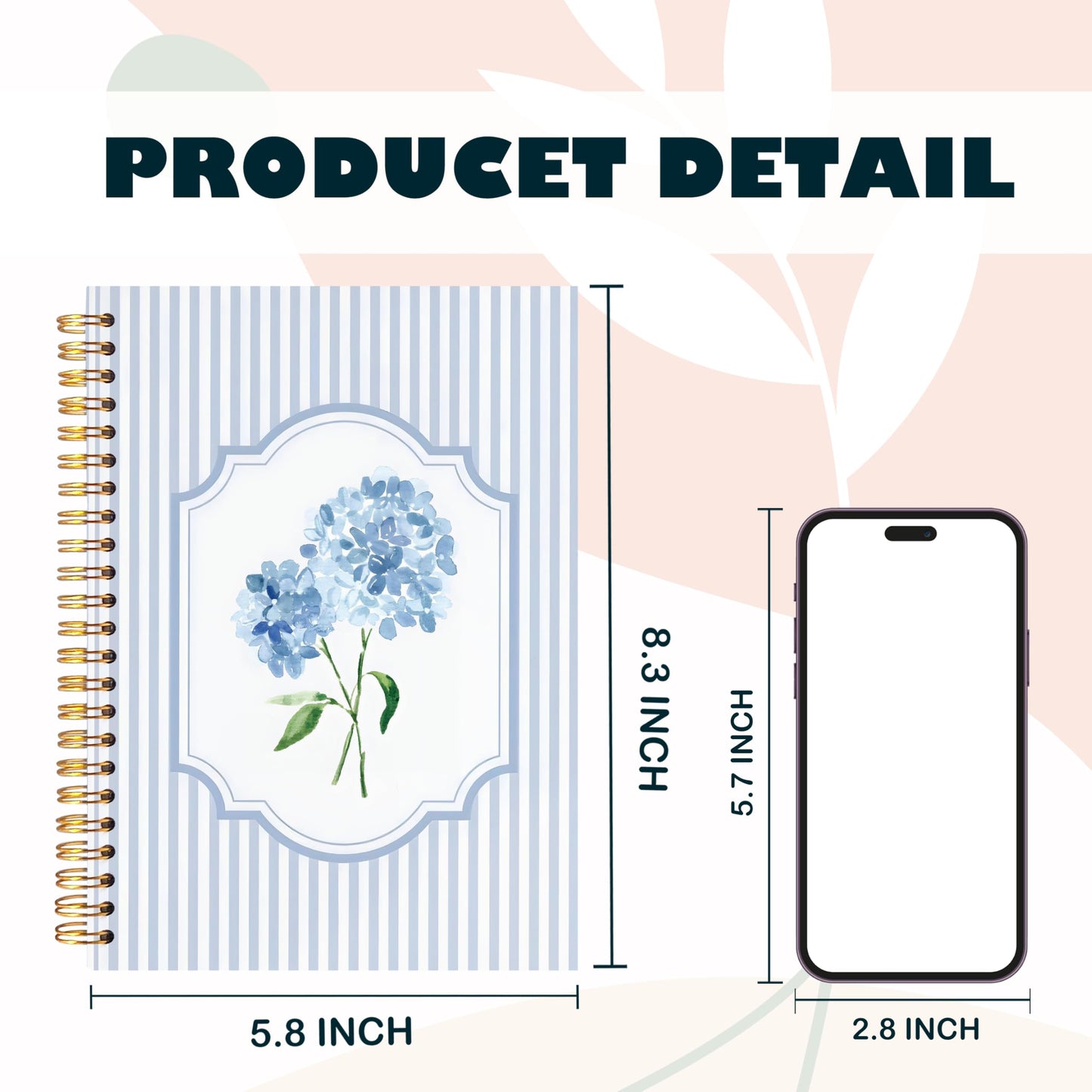 ignytiger Blue Hydrangea Notebook Journal, Hydrangea Gifts, Cute Blue and White Stripes Girly Floral Journal Spiral Notebook Aesthetic Office Supplies, 5.5x8.3 Inch