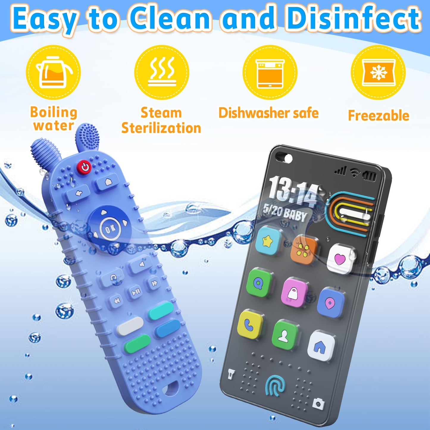 Kaodezhu TV Remote Control Shape Baby Teething Toys and Phone Shape Teether Toys for Babies 6-12 Months, Soft Flexible Silicone Chew Toys for Baby - Black Blue