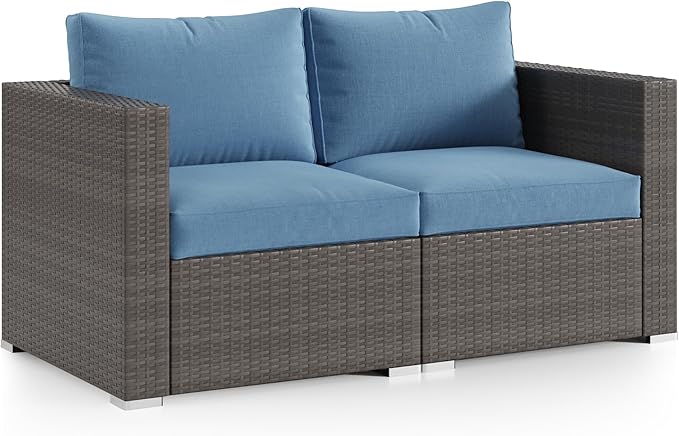 Wisteria Lane Patio Furniture Set, 2 Pieces Wicker Outdoor Furniture Patio Couch with Washable Cushions, Oversized Outdoor Sectional for Garden, Poolside, Backyard, Blue