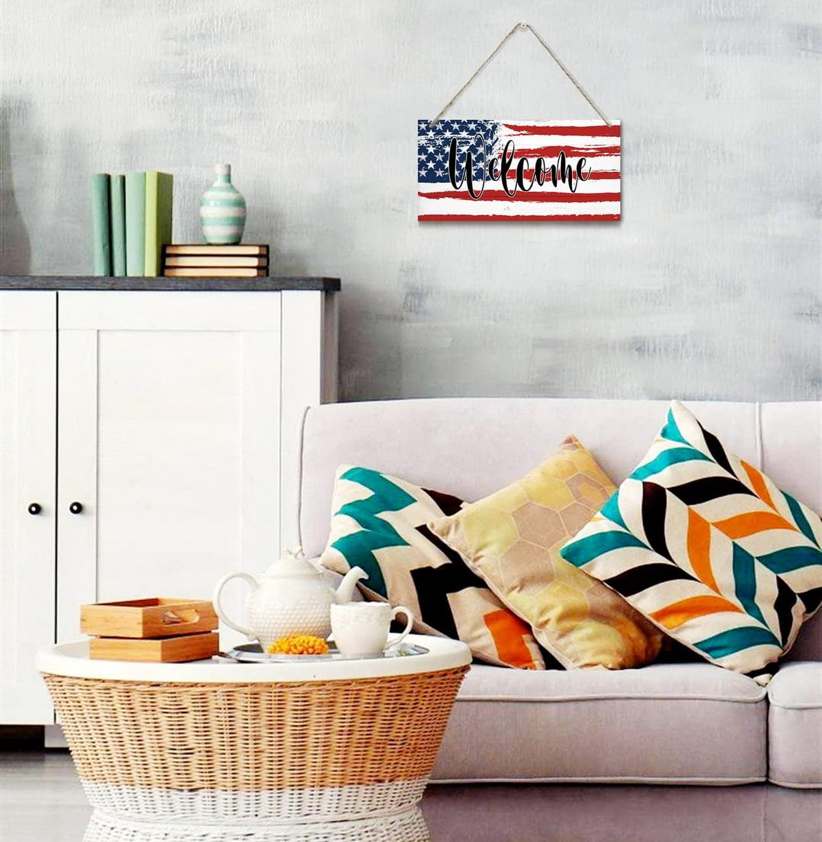 Welcome Decor Sign, Hanging Wood Sign Home Decorative, Printed Wood Wall Art Sign, American Flag Welcome Sign, Patriotic Home Decor, Front Door Decor Sign, Farmhouse Porch Wall Art Sign 12 * 6inch