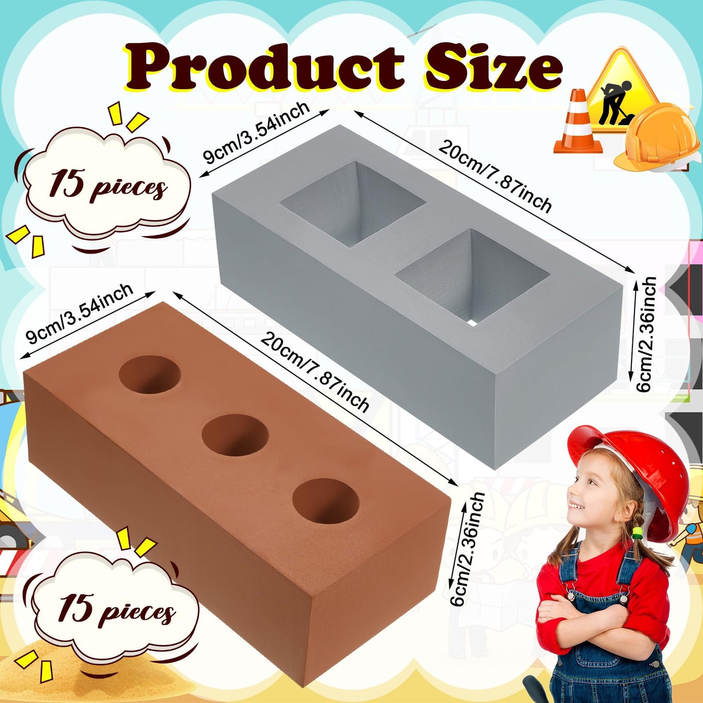 Deekin Foam Brick Building Blocks for Kids Thick Blocks Foam Large Fake Brick Construction Toy for Stacking Construction, 8 x 4 x 2.4 in(30 Pcs,Square Circle Holes)